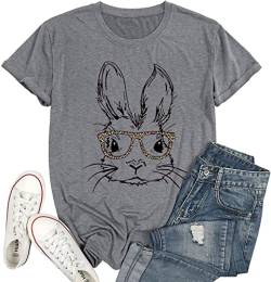 T-Shirt mit Hase und Leopardenmuster, für Damen, niedliches Osterhasen-Motiv, lässig, kurzärmelig, grau, Groß von FCHICH