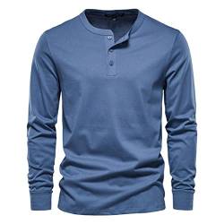 Klassisches Henley-Shirt für Herren, einfarbig, lässig, langärmelig, leicht, Knopf-Pullover, normale Passform, blau, M von FCYOSO