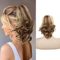 FDEETY 30cm Haarteil Haarverlängerung Ponytail Haarteil Zopf Pferdeschwanz Clip in Extensions Voluminös Claw on Synthetik Haare Gewellt für Damen Frauen (Mittelbraun&Hellgold) von FDEETY