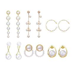 FDEETY 6 Paar Perlen Ohrringe Set für Damen Mädchen Boho Lange Perlenohrringe CC Perle Tropfen Ohrringe Vintage Perlen Ohrstecker Retro Hochzeit Ohrringe Schmuck von FDEETY