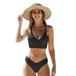 FDEETY Bikini Damen Große Brüste Bauchweg Badeanzug Push Up Sexy V Ausschnitt Sport Bikini-Sets für Damen Bademode Zweiteilige Schwimmanzug（Schwarz/M von FDEETY