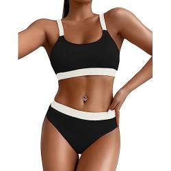 FDEETY Bikini Damen Set U Ausschnitt Farbblock Bauch Weg Badenmode Sport High Waist frechem Unterteil Swimsuit Strandkleidung Sexy Badeanzüge Zweiteiler(Schwarz/L) von FDEETY