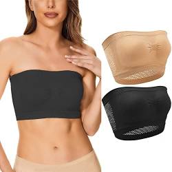 FDEETY Damen Bandeau BH, 2 Stücke Trägerloser, ungepolsterter Bandeau-BH mit atmungsaktivem Netzstoff Ungepolstert Nahtloser Bandeau Tube Top BH, L von FDEETY