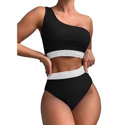 FDEETY Damen Bikini Set Farbblock One Shoulder Breites Unterbrustband Asymmetrische Bademode High Waist Push Up Bauchweg Schwimmanzug Triangel Swimsuit Zweiteiliger Badeanzug(Schwarz/M) von FDEETY