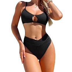 FDEETY Damen Bikini Set U Ausschnitt Texturiert Cutout Badeanzug High Waist Zweiteiliger Strandbikini Swimsuit Schwarz（Schwarz/M von FDEETY