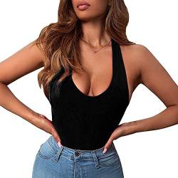 FDEETY Damen Body V-Ausschnitt Ärmellos Rückenfrei Bodysuit Slim Bodies Oberteil Overall Sexy Schmal Tops (Schwarz/M) von FDEETY