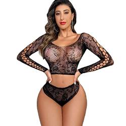 FDEETY Damen Dessous-Sets Fischnetz Sexy Lingerie Set Babydoll Mini Ärmeltop Höschen Perspektiv Erotische Dessous Einheitsgröße Schwarz von FDEETY