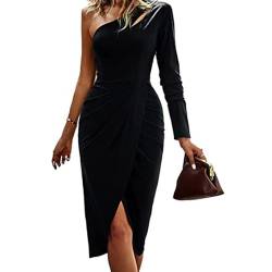 FDEETY Damen Kleider Sexy mit Einer Schulter langärmelig Elegant Bodycon Clubkleid Cocktail Partykleid Lang Abendkleider (Schwarz,M) von FDEETY