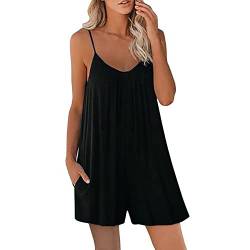 FDEETY Kurzer Jumpsuit Damen Sommer Casual Playsuit Elegant Overall Lose Kurzarm Einteiler Latzhose mit Taschen Romper Sommer Frauen Shorts (Schwarz/L) von FDEETY