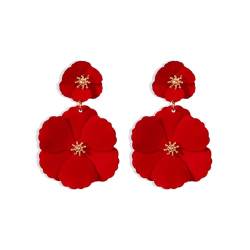 FDEETY Ohrringe Böhmische Doppelt Blumen Tropfen Ohrringes Matte Blume Lange Ohrstecker Leicht Vintage Schmuck für Frauen Und Mädchen Bräute Brautjungfern Hochzeit Prom(Rot) von FDEETY