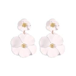 FDEETY Ohrringe Böhmische Doppelt Blumen Tropfen Ohrringes Matte Blume Lange Ohrstecker Leicht Vintage Schmuck für Frauen Und Mädchen Bräute Brautjungfern Hochzeit Prom(Weiß) von FDEETY