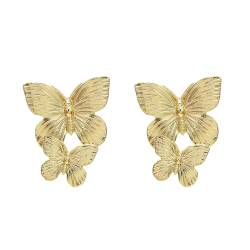 FDEETY Ohrringe Große Doppel Schmetterling Ohrstecker Damen Schmetterling Tropfen Übertriebene Ohrringe Vintage Durchbohrt Ohrringe Schmuck für Frauen Teenager Mädchen(Gold) von FDEETY