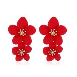 FDEETY Ohrringe Mode Doppelschichtige Blumen Tropfen Ohrringe Böhmische Blume Ohrringe Übertriebene Blumenohrringe Modeschmuck für Damen (Rot) von FDEETY