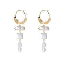 FDEETY Ohrringe für Damen Barocke Perlen Ohrringe Hängend Perlen Ohrringe Einfache Lange Ohrringe Mit Perle Geometrische Ohrringe Hochzeit Party baumeln-A von FDEETY