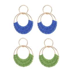 FDEETY Ohrringe für Damen Bohemian Raffia Hoop baumeln Ohrringe Hand gefertigte Stroh Wicker Rattan Ohrringe Runde Ohrringe (Blau + Grün) von FDEETY