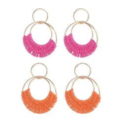 FDEETY Ohrringe für Damen Bohemian Raffia Hoop baumeln Ohrringe Hand gefertigte Stroh Wicker Rattan Ohrringe Runde Ohrringe (Rosa + Orange) von FDEETY