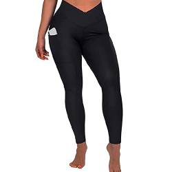 FDEETY Sport Leggings Damen mit überkreuzter Taille und Taschen, hoch taillierte Sport Fitness Workout Laufhose von FDEETY