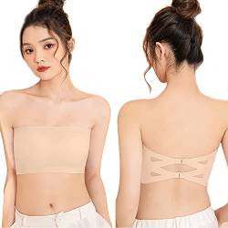 Trägerloser Bandeau BH Damen BH ohne Bügel Träger Gepolsterter Bralette BH Nahtlose Tube Top BH (Beige/XL) von FDEETY