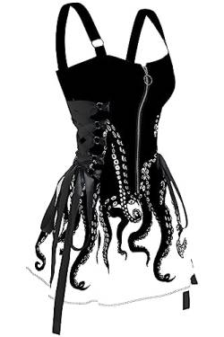 FEAPHY Damen Gothic Kleid Galaxy Sun Star Ärmellos Reißverschluss vorne Lace Up A-Linie Minikleid, Oktopus, Klein von FEAPHY