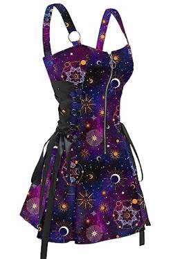 FEAPHY Damen Gothic Kleid Galaxy Sun Star Ärmellos Reißverschluss vorne Lace Up A-Linie Minikleid, galaxy purple, Klein von FEAPHY