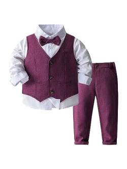 FEESHOW Baby Kinder Jungen Anzüge Gentleman Smoking Anzug Fliege Hemd Anzugsweste Hose Taufe Hochzeit Kommunion Bekleidungsset D_Violett 98-104 von FEESHOW