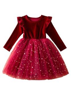 FEESHOW Baby Mädchen Langarm Kleid Weihnachten Festlich Samt Spitze Prinzessin Kleid A-Linie mit Bowknot Party Festzug Festtagskleid Winter Warm Neu_H_Rot 98-104 von FEESHOW