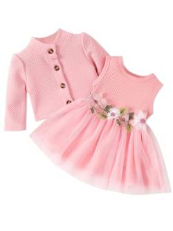 FEESHOW Babyset Mädchen Kleid Strickjacke Set Neugeborene Kinder Baby Sommer Festliche Outfits ärmelloses Blumenkleid Langarm Cardigan Set Rosa_B 62-68 von FEESHOW