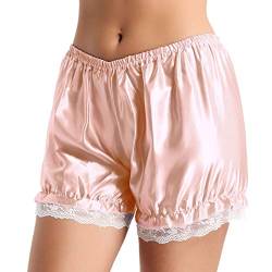 FEESHOW Damen Bloomers Satin Spitze Kurze Schlafanzughose Sicherheitshose mit Rüschen Sommer Pearl Pink One Size von FEESHOW