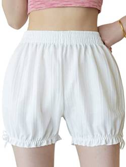 FEESHOW Damen Bloomers Satin Spitze Kurze Schlafanzughose Sicherheitshose mit Rüschen Sommer Weiß_H XL von FEESHOW