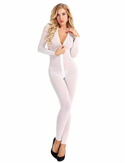 FEESHOW Damen Bodystockings Transparent Ganzkörper Strumpfhosen Sexy Ouvert Catsuit Bodysuit Dessous mit Schritt Reissverschluss Weiß L von FEESHOW