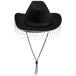 FEESHOW Damen Cowboyhut mit Strass Fransen Glitzer Cowgirl Hut Mütze Party Halloween Karneval Kostüm Zubehör Kopfbedeckung Schwarz One Size von FEESHOW