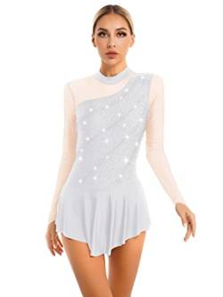 FEESHOW Damen Eiskunstlauf Kleid Langarm Rollschuhkleid Glitzer Mesh Tanztrikot Ballett Leotard mit Tanzrock Eislaufen Wettkämpfe Bekleidung Weiß_L S von FEESHOW