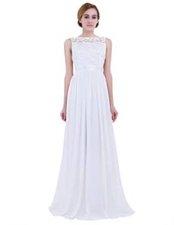 FEESHOW Damen Festlich Kleider Chiffon Brautjungfer Kleid lang ärmellos mit Stickerei Kommunion Taufe Hochzeit Partykleid Gr.34-46 Weiß 34 von FEESHOW