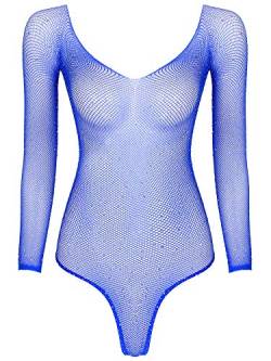 FEESHOW Damen Glitzer Strass Netz Body Fischnetz Dessous Transparent Aushöhlen Bodysuit Bodystocking Ganzkörper Strumpfhosen Blau OneSize von FEESHOW