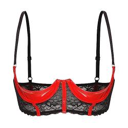 FEESHOW Damen Hebe BH Brust Offen Transparente Spitze/Leder Bra Mit Bügel Verführerische Dessous Reizwäsche Oberteile A_Rot L von FEESHOW