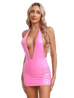 FEESHOW Damen Lack Leder Kleid Kurz Sexy Wetlook Minikleid Bodycon Sexy Tiefer V-Ausschnitt Leder Latex Optik Partykleid Rückenfrei Gogo Clubwear Rosa_A S von FEESHOW