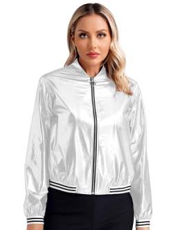 FEESHOW Damen Metallic Jacke Langarm Holographic Baseball Jacke Glänzende Party Festival Oberteil Freizeitjacke Sportjacke Mit Frontreißverschluss Silber_A 3XL von FEESHOW