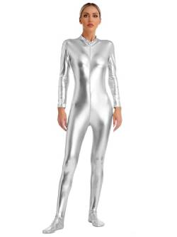 FEESHOW Damen Metallic Jumpsuit Sexy Glänzende Fasching Karneval Tanzkostüm Ganzkörperanzug Raumfahrer Weltraum Anzug Disco Party Clubwear Silber_A S von FEESHOW