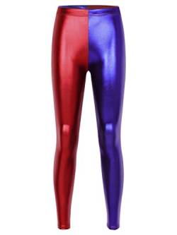 FEESHOW Damen Metallic Leggings Glänzende Kunstleder Hose Pants Shiny Hoher Taill für Party Tanz Disco Kostüm Fasching Karneval Rot&Blau One Size von FEESHOW