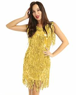 FEESHOW Damen Metallic Pailletten Fransen Tanzkleid Quasten Troddel Kleid für Abend Cocktailparty ärmelloses Tanzkostüm Dancewear Latin Tango Gold_Kleid L von FEESHOW