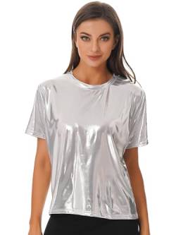 FEESHOW Damen Metallic Shirt Top Glänzend Holografisches T-Shirt Oberteil Kurzarm/Langarm Fasching Party Clubwear Silber/Gold/Lila/Pink/Blau Silber B M von FEESHOW