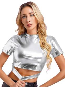 FEESHOW Damen Metallic Shirt Top Glänzend Holografisches T-Shirt Oberteil Kurzarm/Langarm Fasching Party Clubwear Silber/Gold/Lila/Pink/Blau Silber J M von FEESHOW