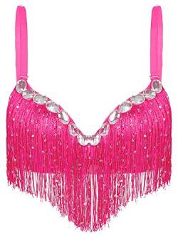 FEESHOW Damen Pailletten Quaste BH Bustier Push Up mit Strass Glitzer Bauchtanz Oberteil Musik Festival Party Nachtclub Kostüme Tanzbekleidung Tops Hot Pink Einheitsgröße von FEESHOW