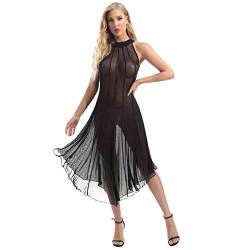 FEESHOW Damen Transparent Mesh Kleid Dessous Lingerie Sexy Neckholder Swing Kleid Nachtkleid Erotik Wäsche Gogo Tanz Party Nachtclub Outfit Schwarz 3XL von FEESHOW