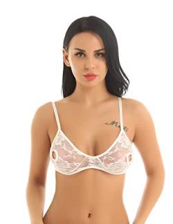 FEESHOW Damen Transparente BH Spitzen Bra Bügellos Triangel Bikini mit Nippel-Löcher erotische Dessous Reizwäsche Schwarz/Weiß Weiß L von FEESHOW