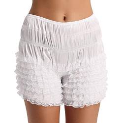 FEESHOW Damen Unterhose Spitze Slip Schlüpfer Sicherheits Shorts mit Rüschen Frauen Unterwäsche Sissi Schlafhose kurz M-XL Weiß M(Taille 70-140cm) von FEESHOW