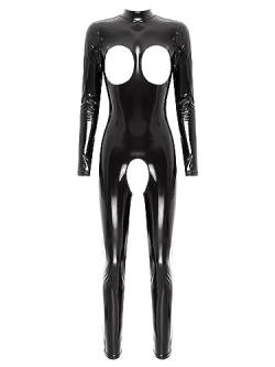 FEESHOW Damen Wetlook Bodysuit Ouvert Brust Offen Lackleder Jumpsuit Lack Optik Ganzkörperanzug Katzenanzug Nachtclub Party Kostüm Schwarz_T 4XL von FEESHOW