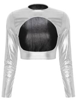 FEESHOW Damen Wetlook Crop Tops Metallic Shirt Bauchfrei Lackoptik Glitzer Kurzjacke GoGo Tanz Clubwear Oberteile Silber_G S von FEESHOW