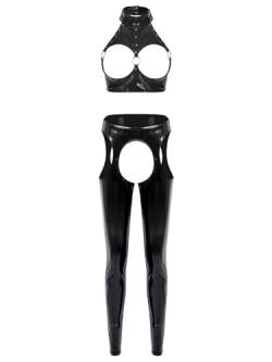 FEESHOW Damen Wetlook Outfits Ouvert Lack Leder BH Leggings Leder Bustier Tights Fetisch Cupsless & Crotchless Lingerie Unterwäsche Erotik Kostüm Clubwear C_Schwarz XXL von FEESHOW