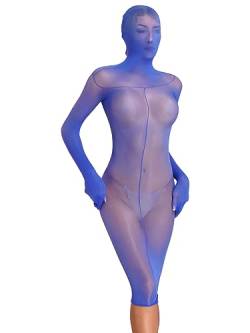 FEESHOW Frauen Bodystockings Durchsichtige Kleider Glossy Glatte Nylon Ganzkörper Strumpfhose Mit Zentai Kostüm Kopfmaske A_Blau Einheitsgröße von FEESHOW